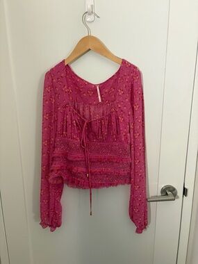 Free People Fuchsia Floral Smocked Waist Long-Sleeve Top
